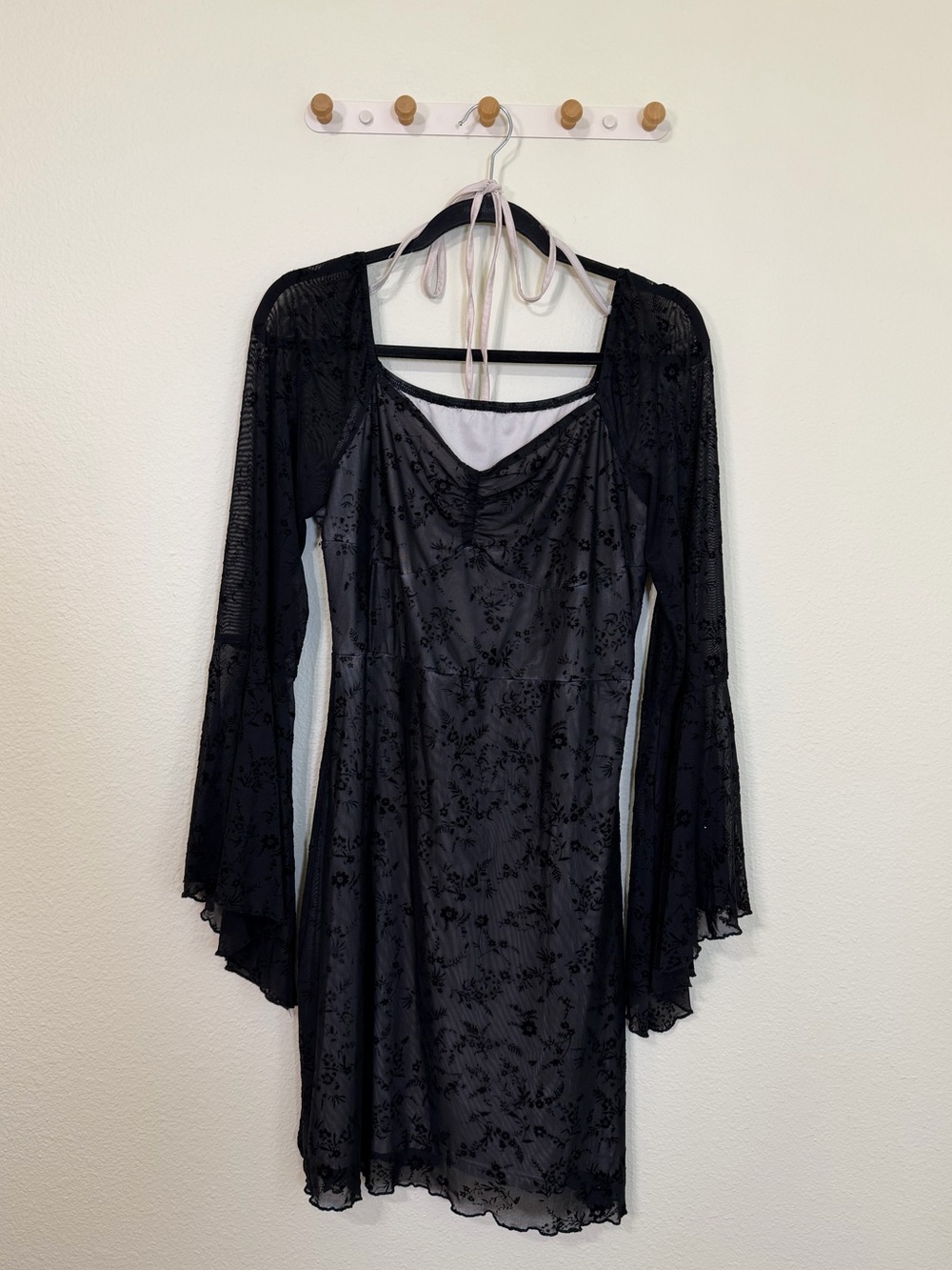 Black Floral Mesh Mini Dress Bell Sleeves Y2K Romantic Goth